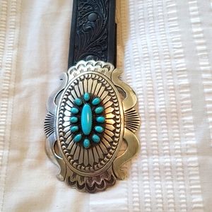 Justin Embossed Leather belt with Sterling silver and turquoise Navajo buckle